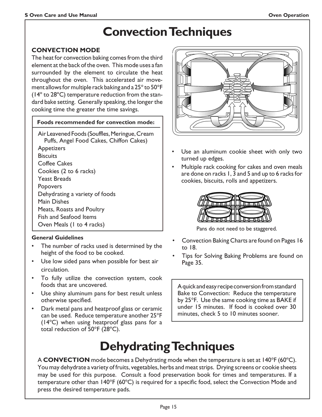 Thermador SCD272, SC301, SC272, SC302 manual ConvectionTechniques, DehydratingTechniques, Convection Mode 