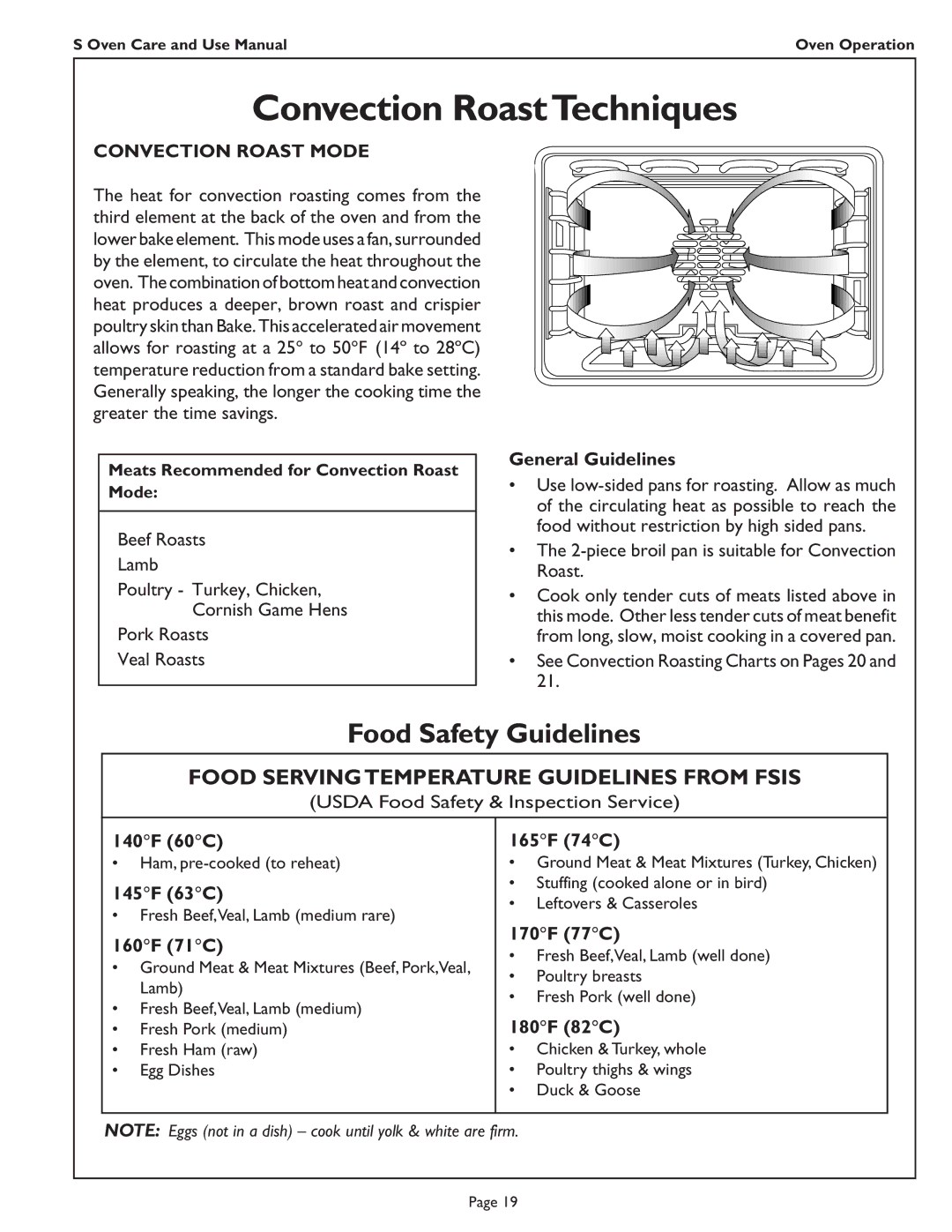 Thermador SCD272, SC301 Convection RoastTechniques, Food Serving Temperature Guidelines from Fsis, Convection Roast Mode 