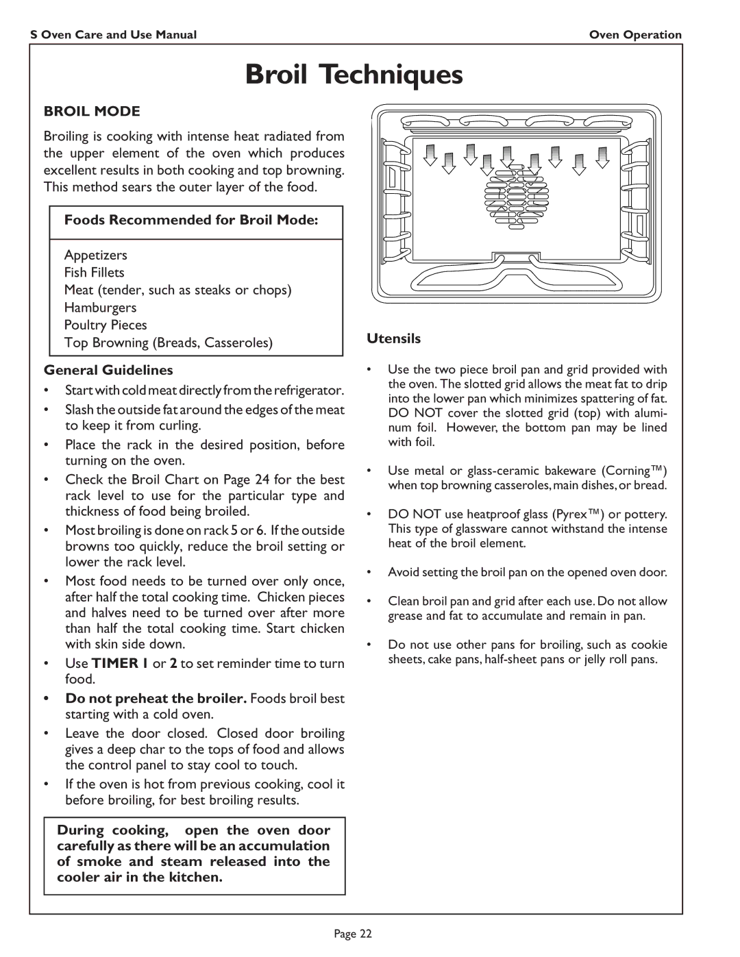 Thermador SC301, SCD272, SC272, SC302 manual Broil Techniques, Foods Recommended for Broil Mode, Utensils 