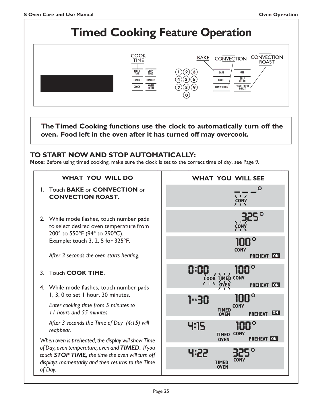 Thermador SC302, SC301 Timed Cooking Feature Operation, To Start NOW and Stop Automatically, Touch Bake or Convection or 