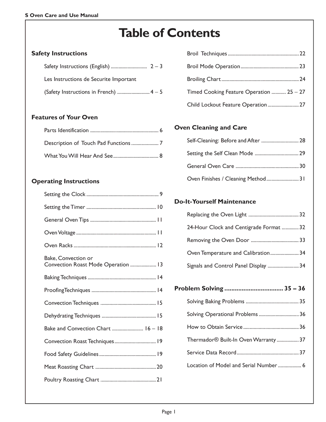 Thermador SC302, SC301, SCD272, SC272 manual Table of Contents 