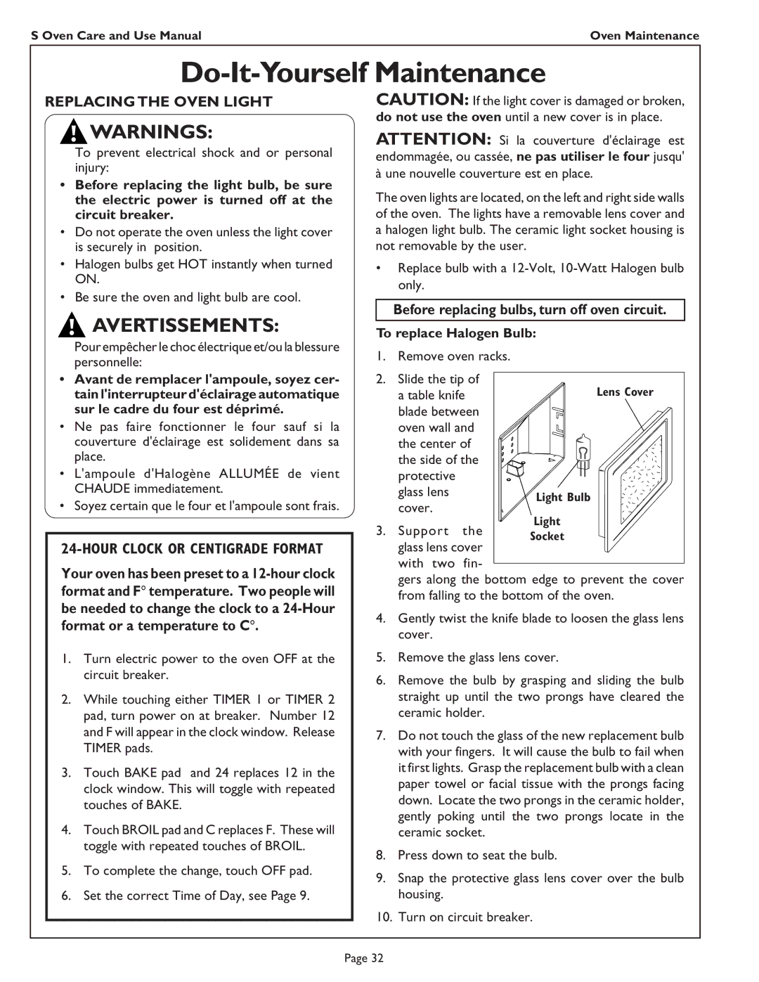 Thermador SC272, SC301 Do-It-Yourself Maintenance, Replacing the Oven Light, Before replacing bulbs, turn off oven circuit 