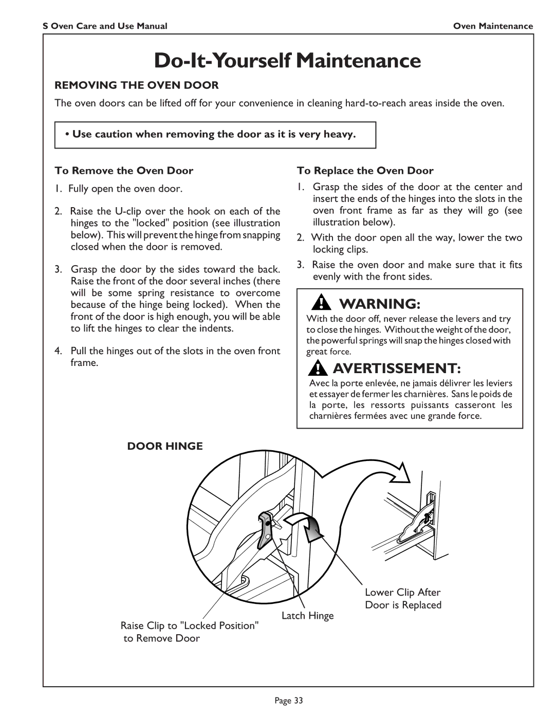 Thermador SC302, SC301, SCD272, SC272 manual Removing the Oven Door, To Replace the Oven Door, Door Hinge 