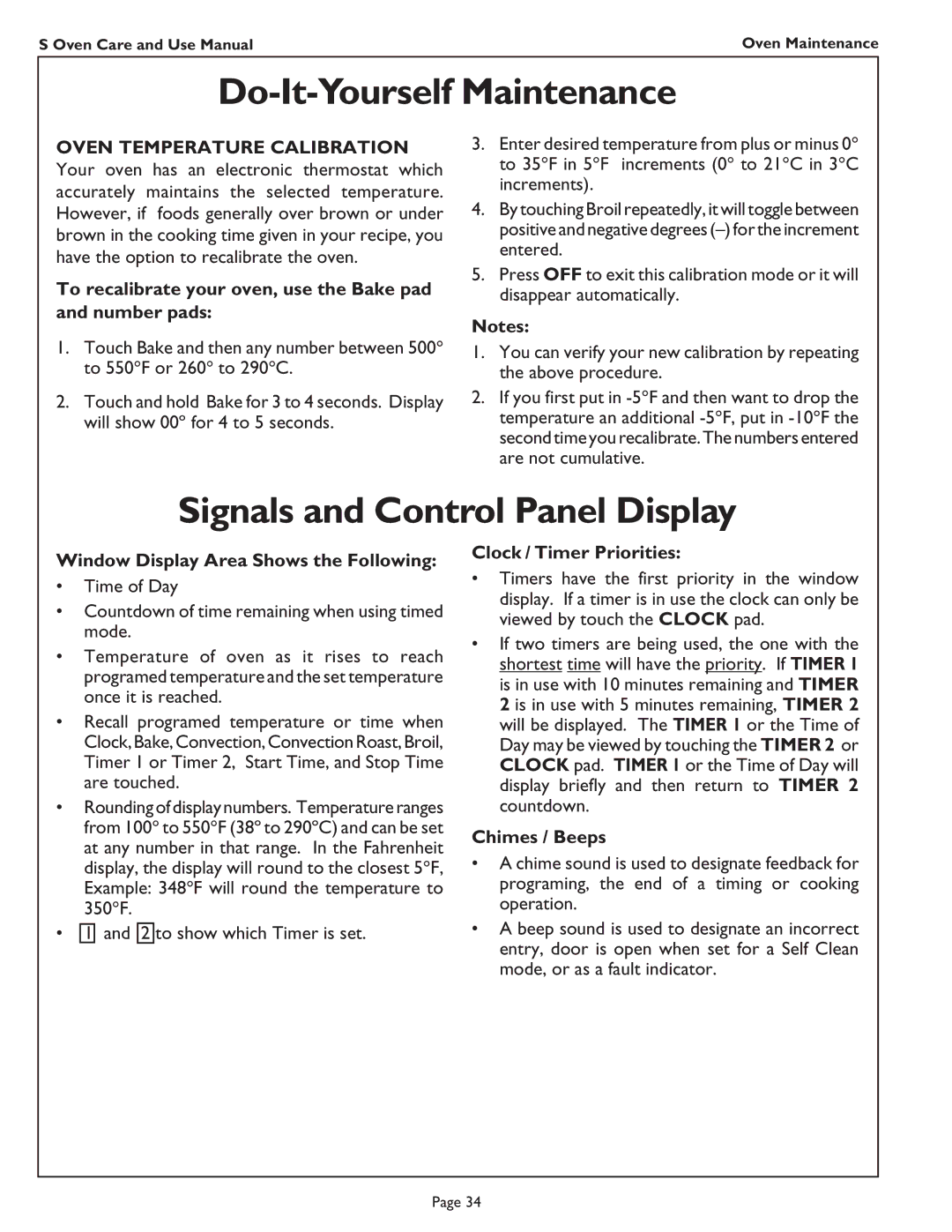 Thermador SC301, SCD272, SC272, SC302 manual Signals and Control Panel Display, Oven Temperature Calibration 