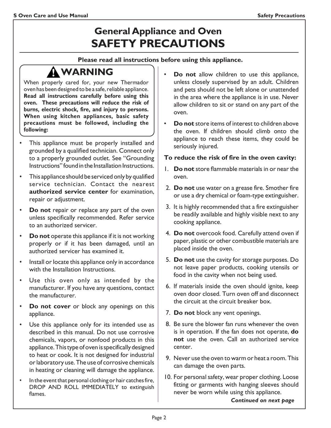 Thermador SC301 Please read all instructions before using this appliance, To reduce the risk of fire in the oven cavity 