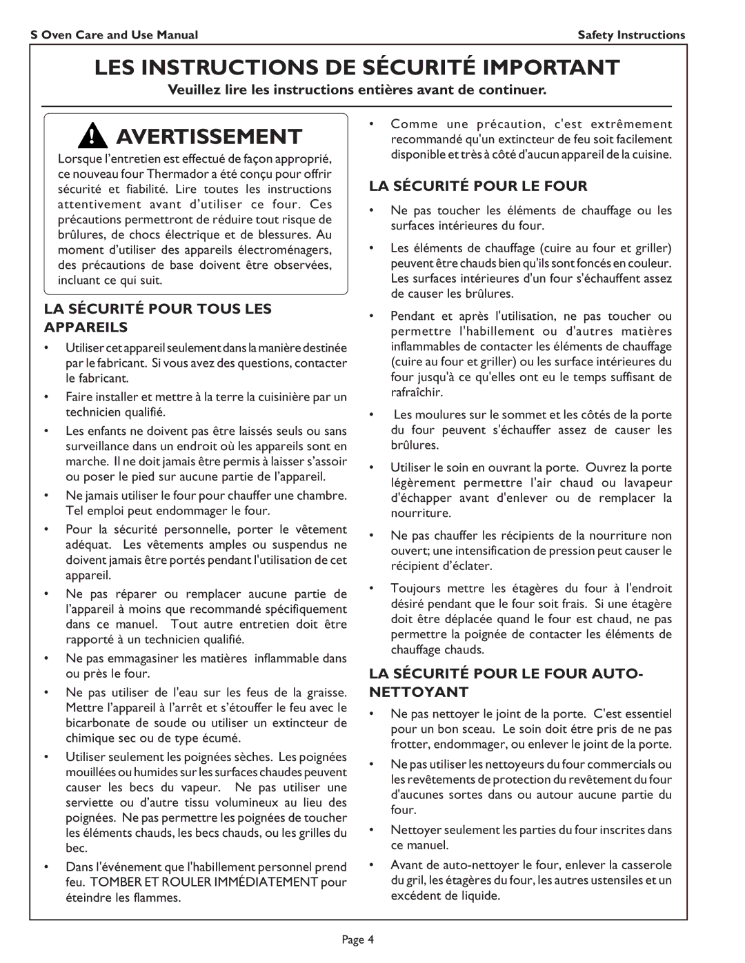 Thermador SC272, SC301, SCD272, SC302 Veuillez lire les instructions entières avant de continuer, LA Sécurité Pour LE Four 