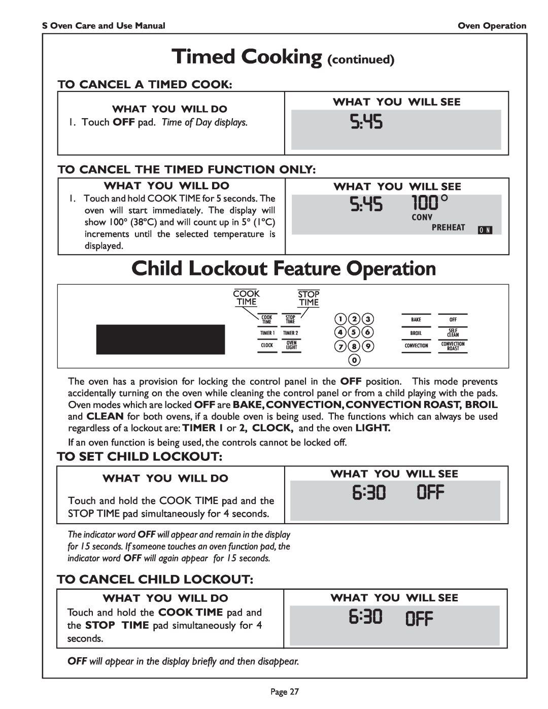 Thermador SCD272, SC301, SC272 Child Lockout Feature Operation, 6 30 OFF, To Set Child Lockout, To Cancel Child Lockout 