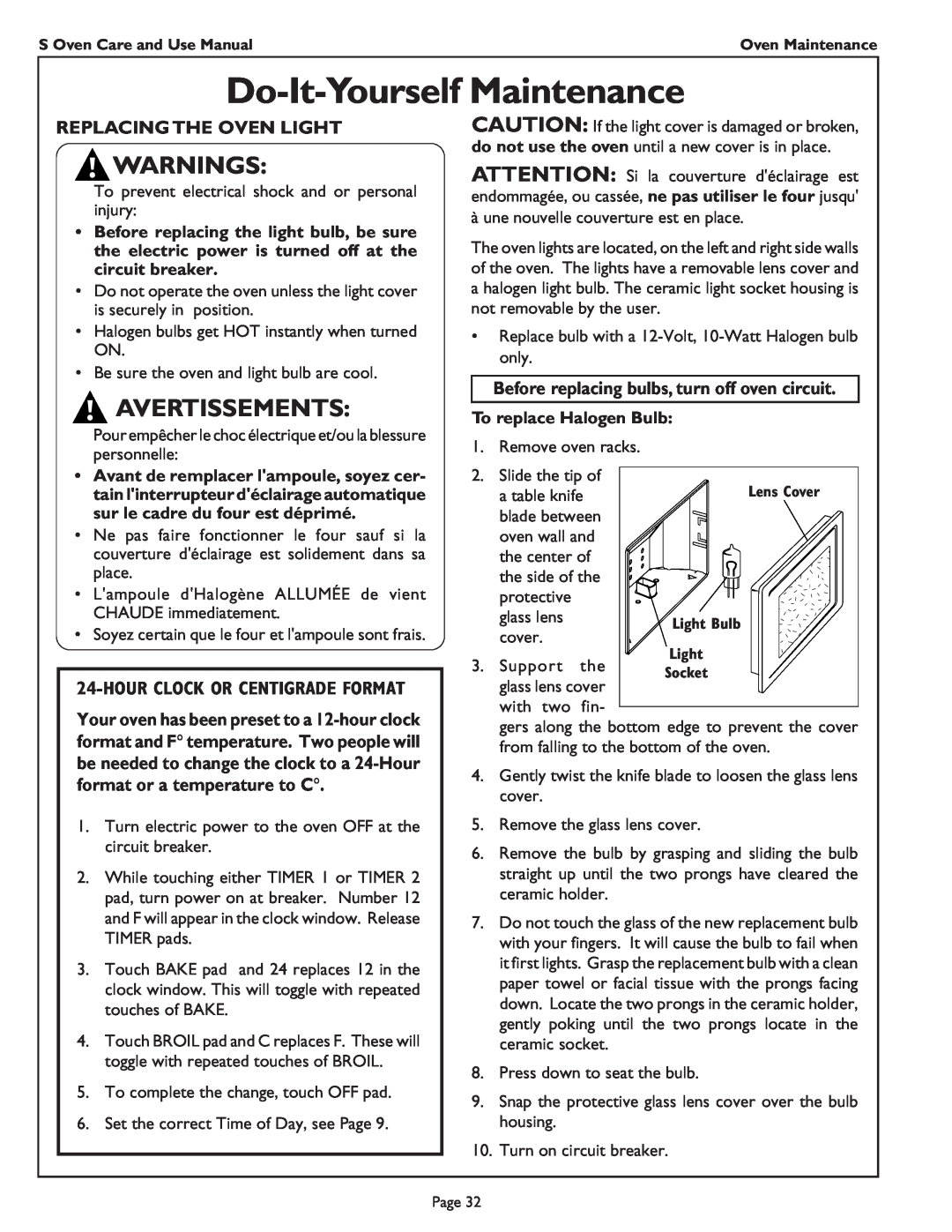 Thermador SC272 Do-It-YourselfMaintenance, Warnings, Avertissements, Replacing The Oven Light, To replace Halogen Bulb 