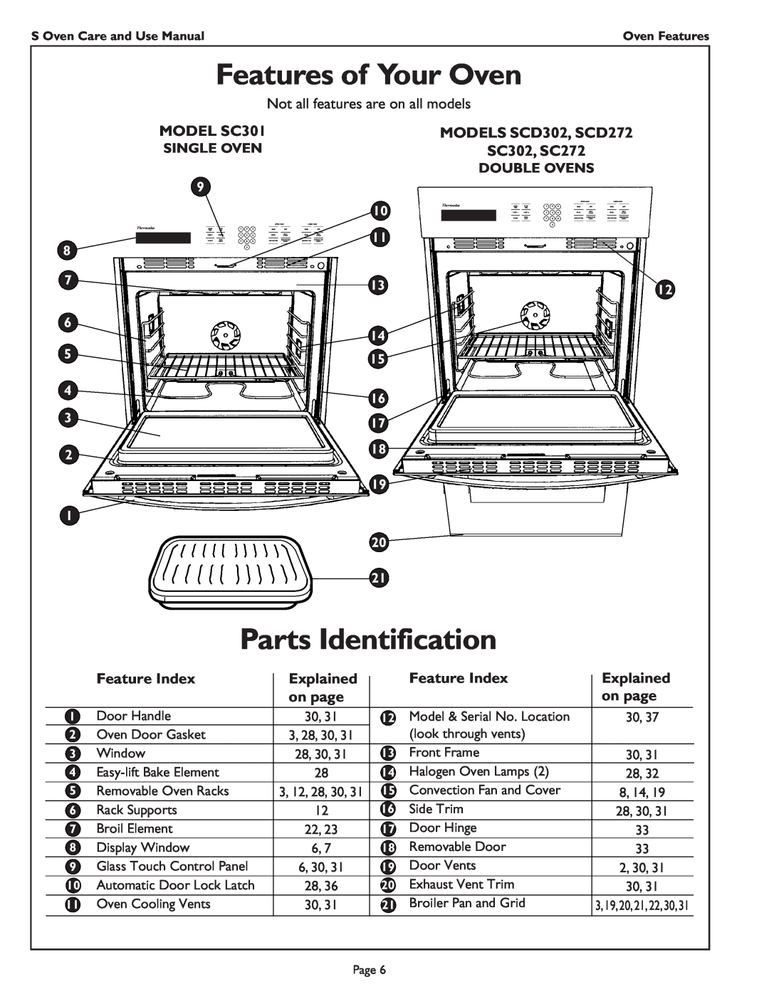 Thermador Features of Your Oven, Parts Identification, Not all features are on all models, MODEL SC301, Feature Index 