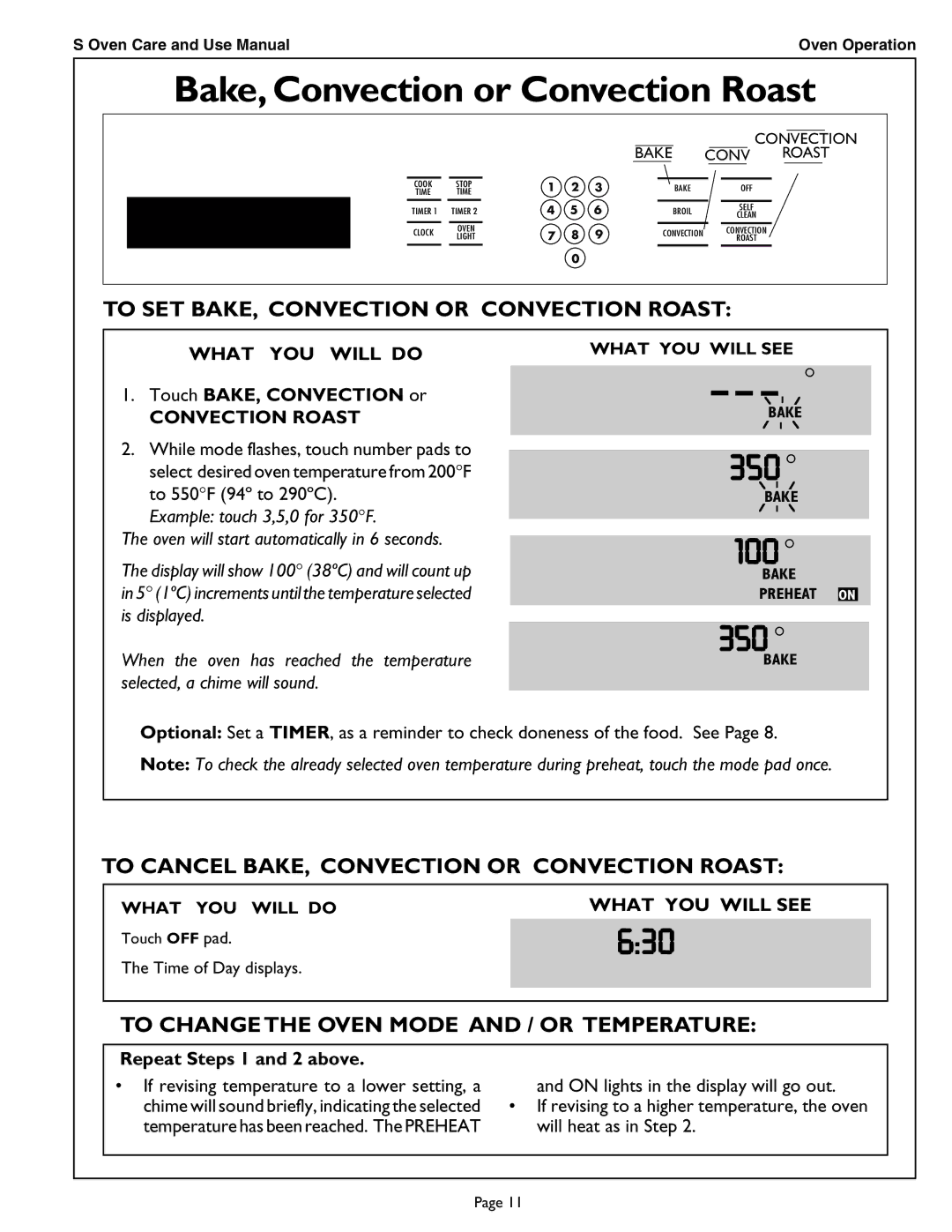 Thermador SCD302 manual Bake, Convection or Convection Roast, To SET BAKE, Convection or Convection Roast 