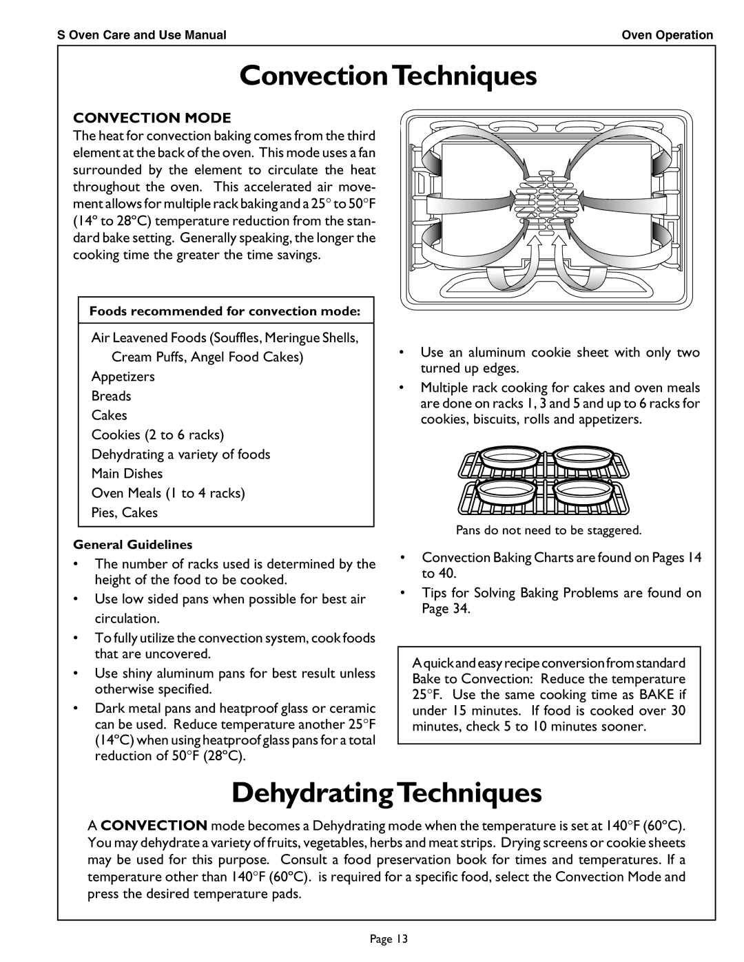 Thermador SCD302 manual ConvectionTechniques, DehydratingTechniques, Convection Mode 