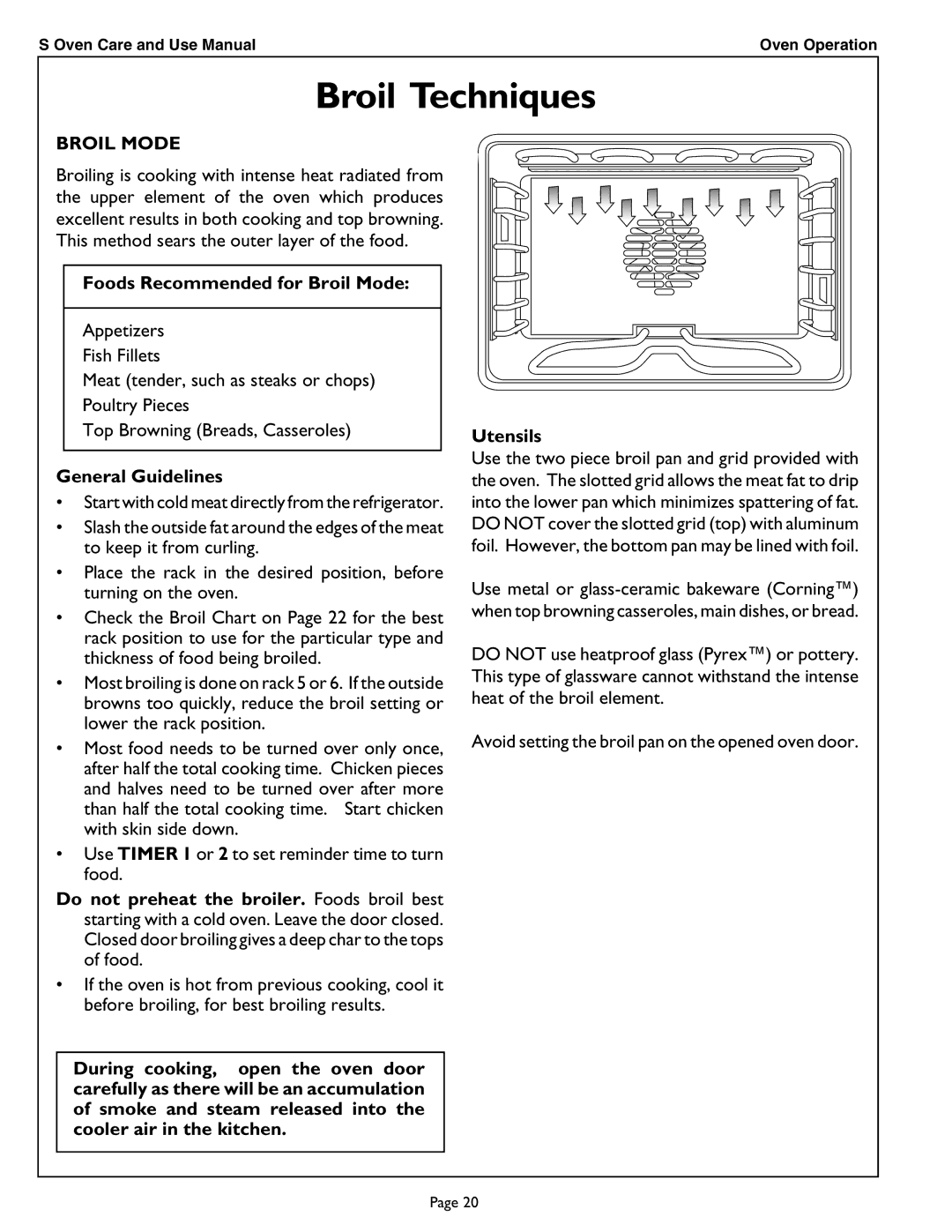 Thermador SCD302 manual Broil Techniques, Foods Recommended for Broil Mode, Utensils 