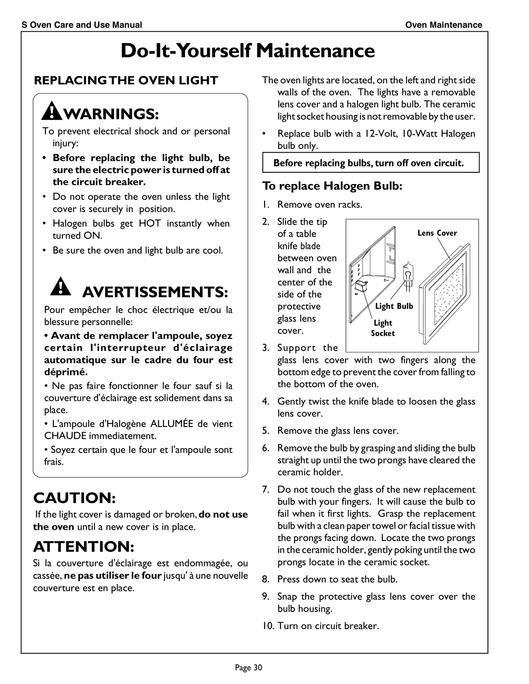 Thermador SCD302 manual Do-It-Yourself Maintenance, Replacing the Oven Light, Before replacing bulbs, turn off oven circuit 