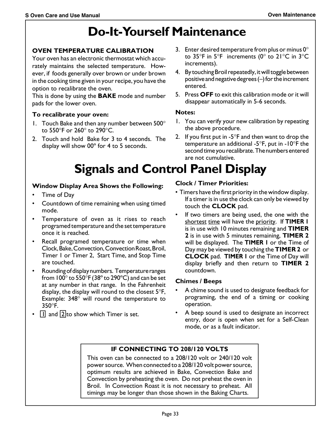 Thermador SCD302 manual Signals and Control Panel Display, Oven Temperature Calibration, If Connecting to 208/120 Volts 