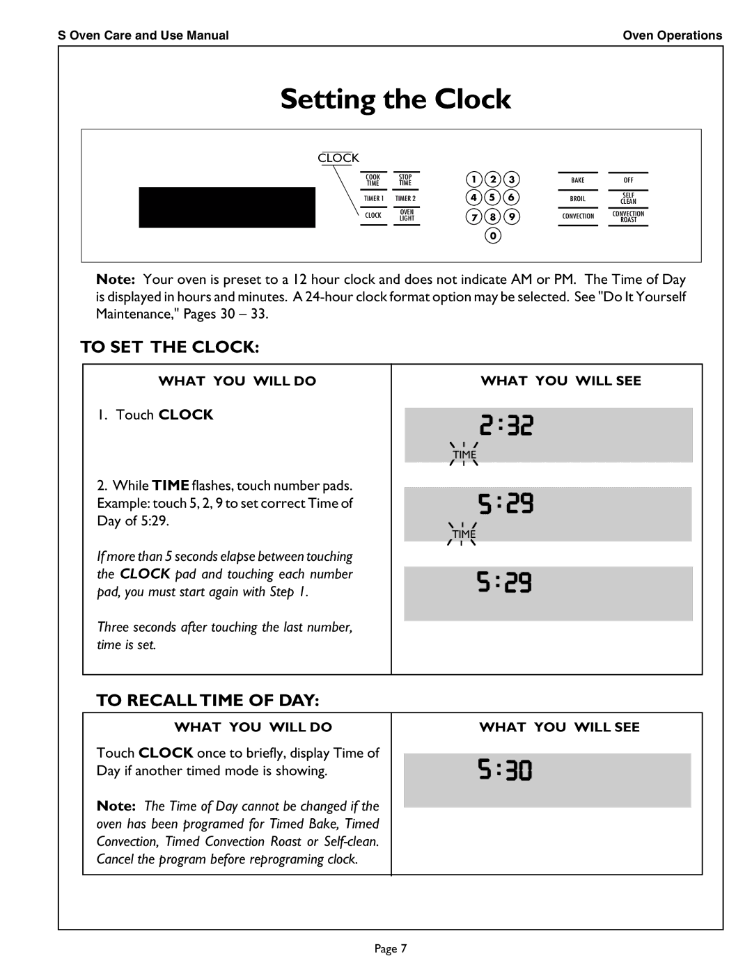 Thermador SCD302 manual Setting the Clock, To SET the Clock, To Recall Time of DAY 