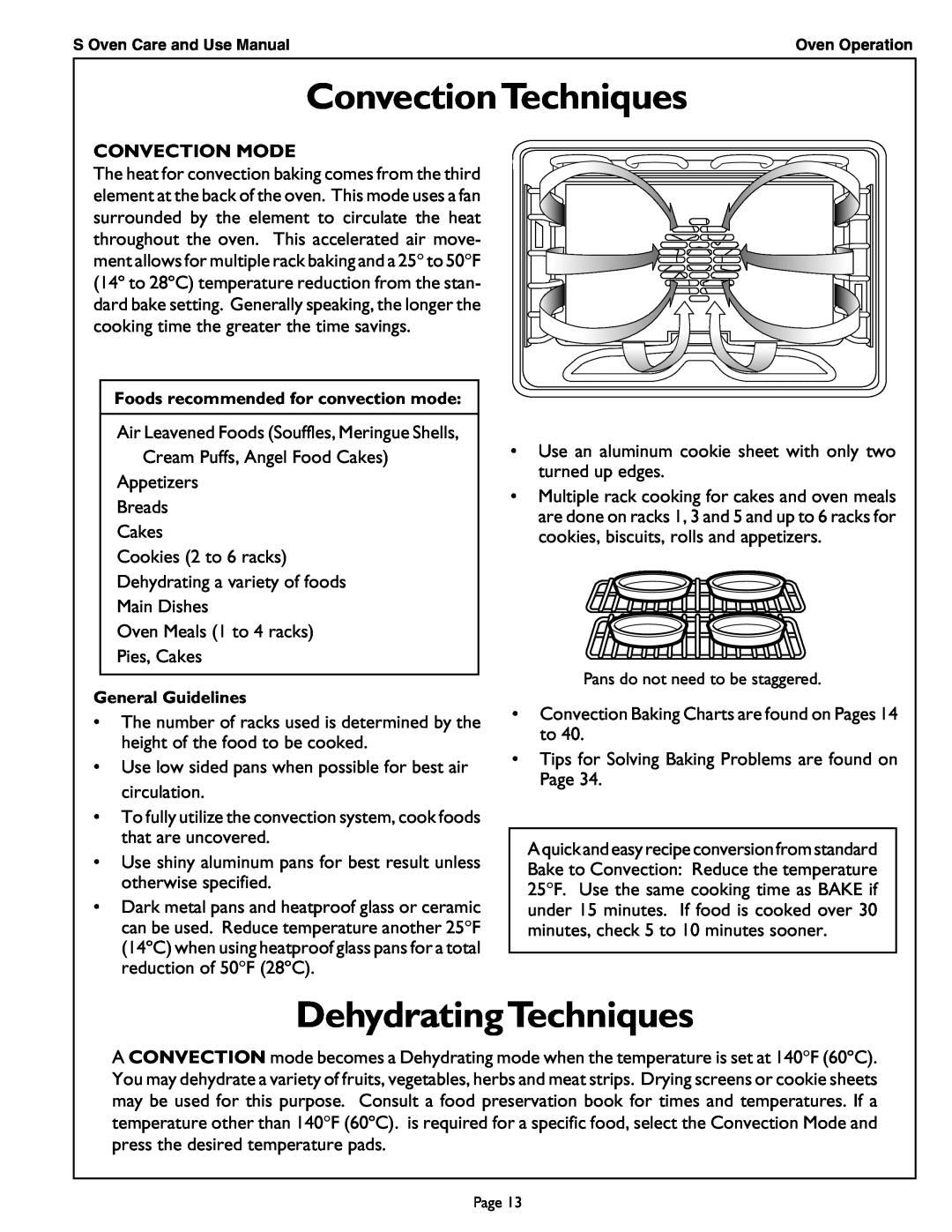 Thermador SCD302 manual ConvectionTechniques, DehydratingTechniques, Convection Mode 