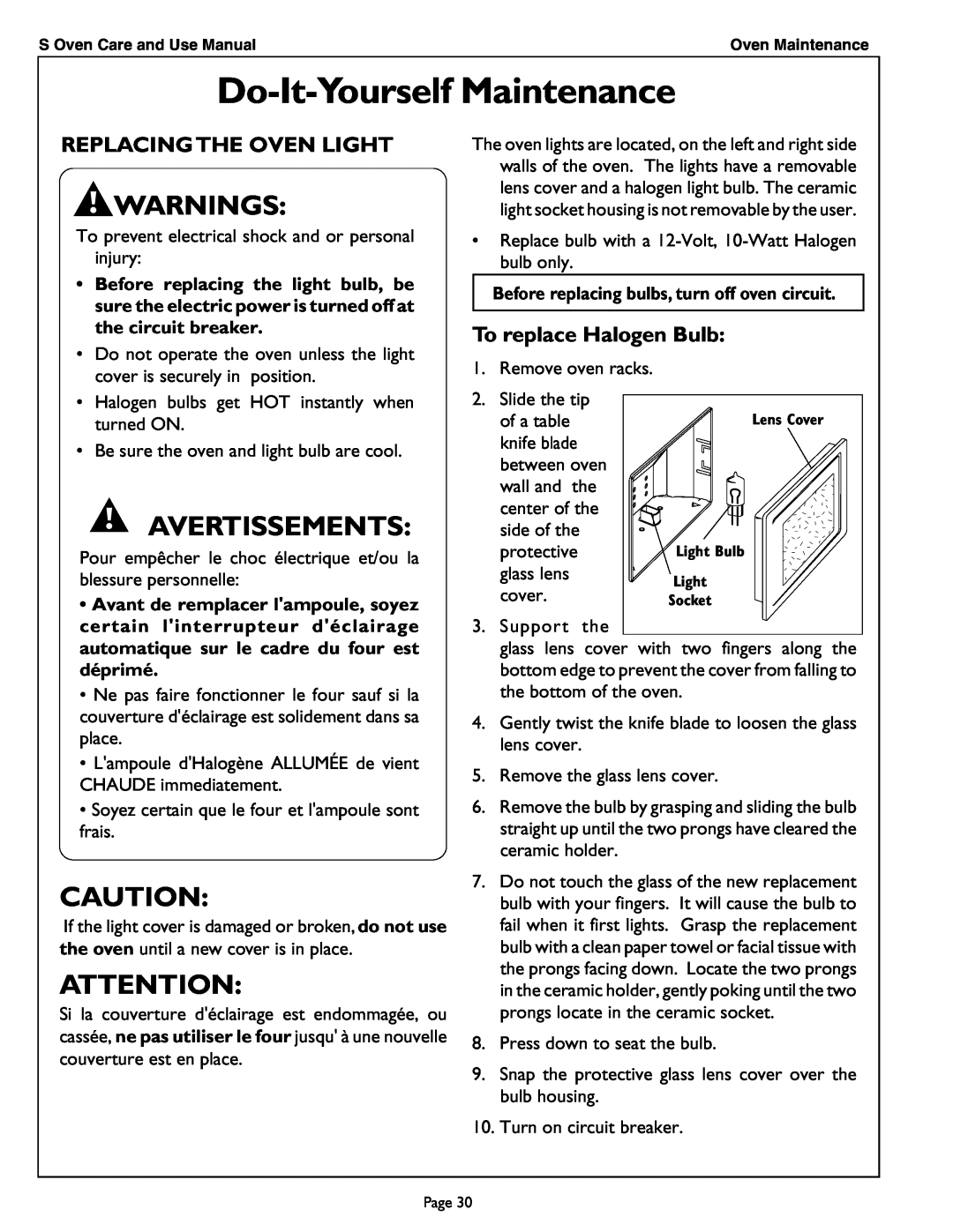 Thermador SCD302 Do-It-Yourself Maintenance, Warnings, Avertissements, Replacing The Oven Light, To replace Halogen Bulb 