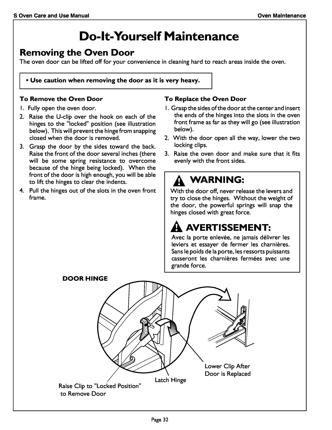 Thermador SCD302 Removing the Oven Door, Avertissement, Use caution when removing the door as it is very heavy, Door Hinge 