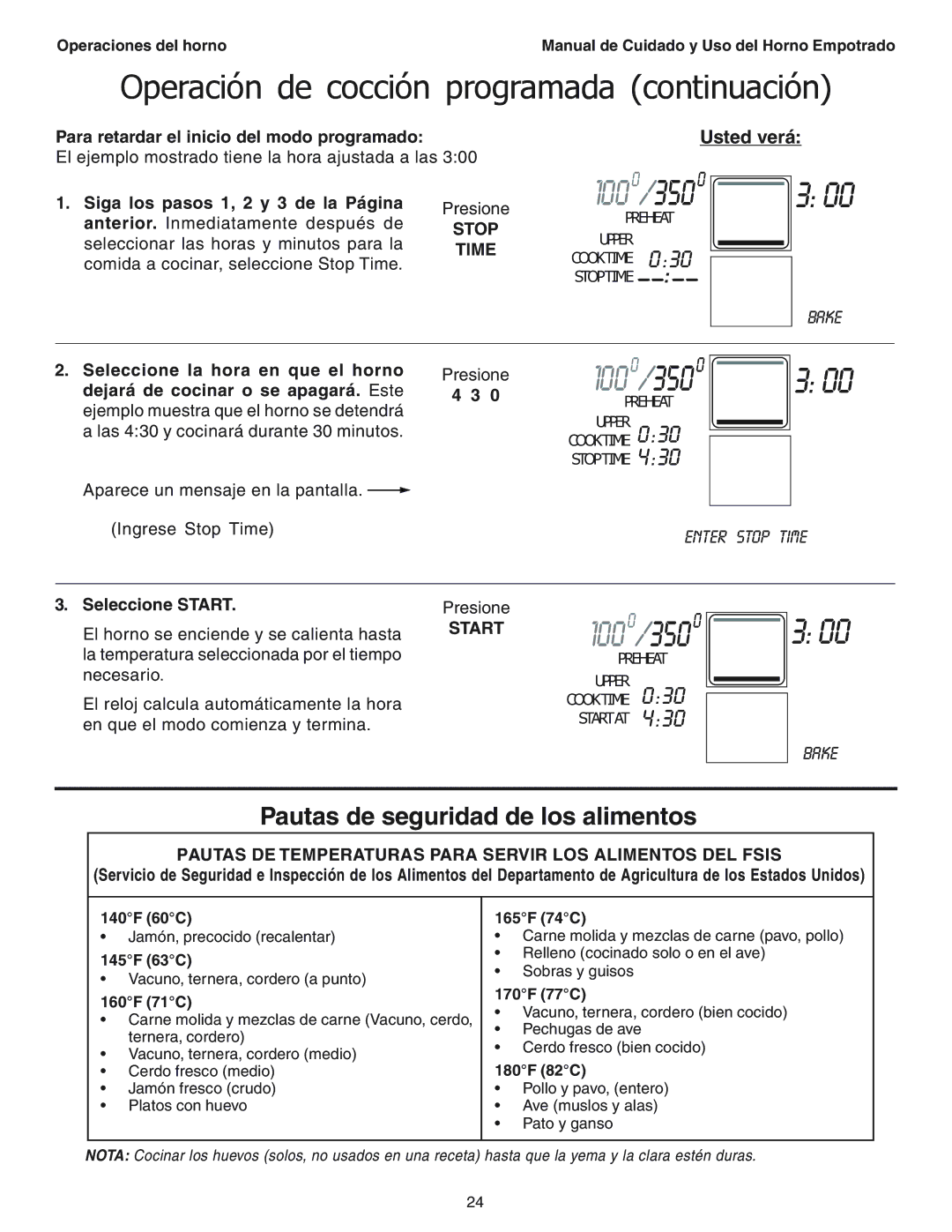 Thermador SEC271 manual Pautas de seguridad de los alimentos, Para retardar el inicio del modo programado 