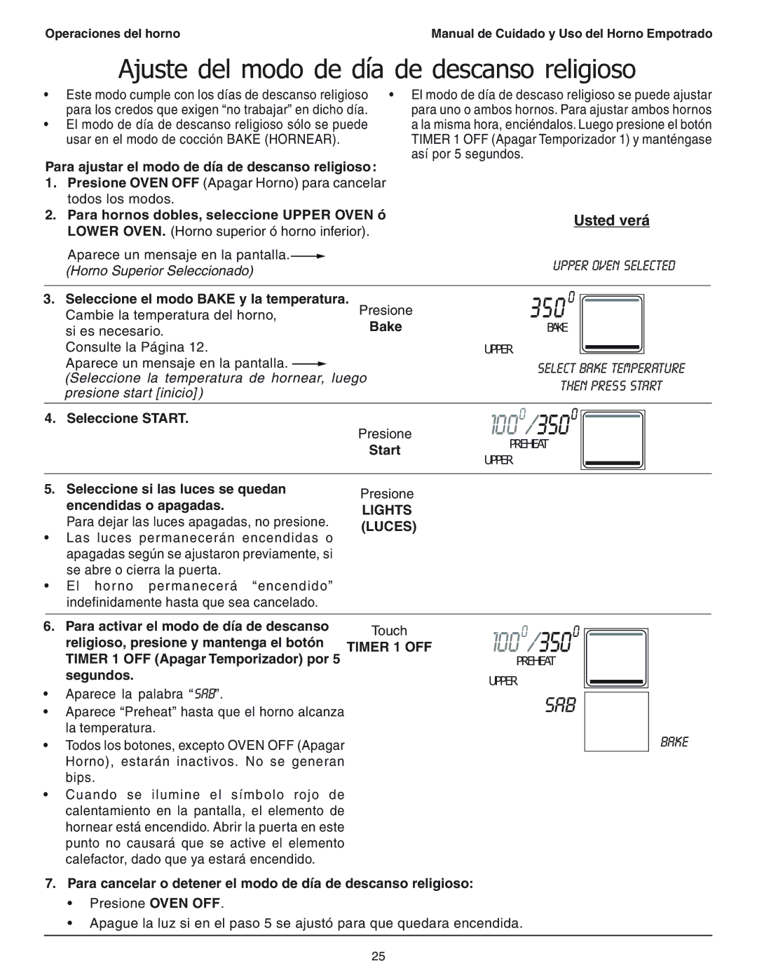 Thermador SEC271 manual Ajuste del modo de día de descanso religioso, Para ajustar el modo de día de descanso religioso 