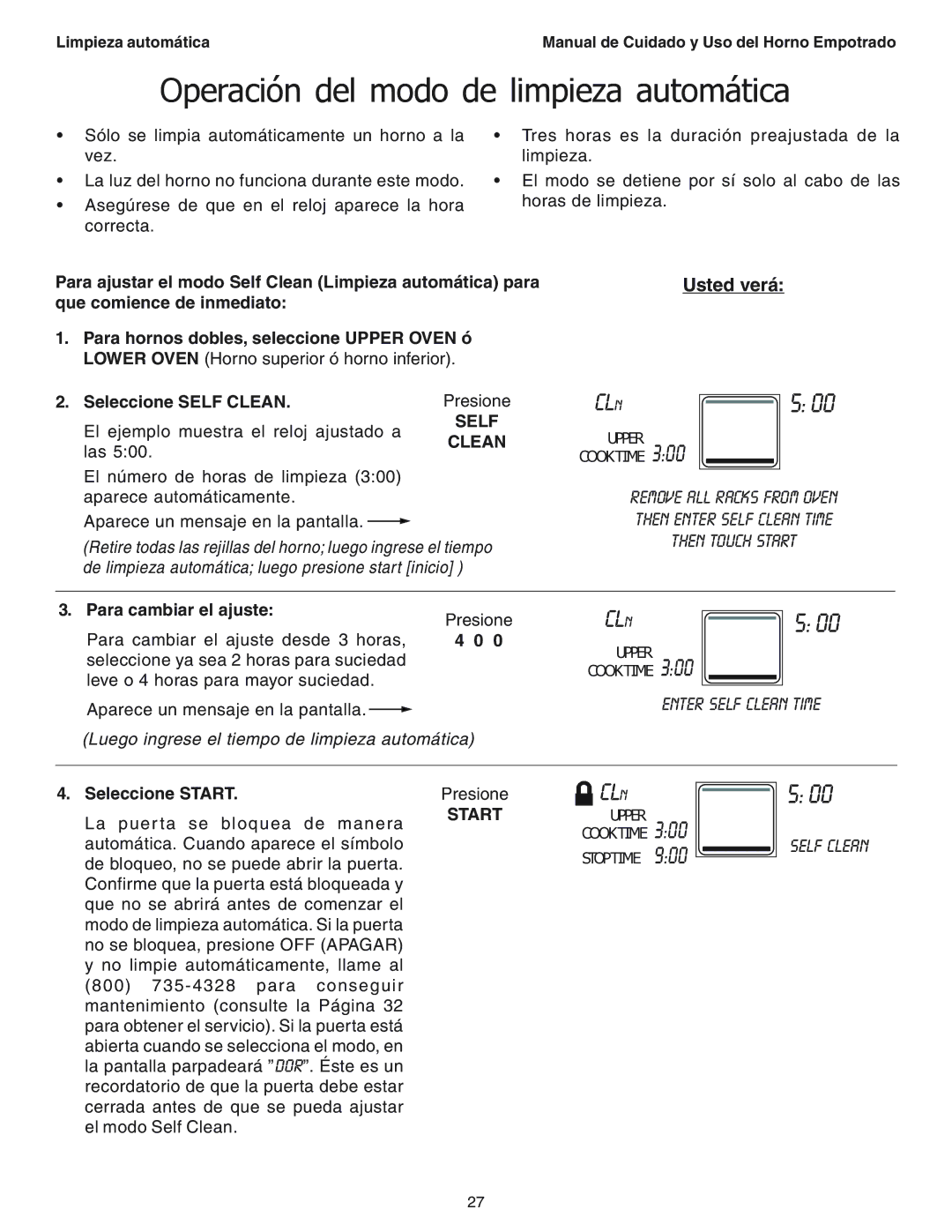 Thermador SEC271 manual Operación del modo de limpieza automática, Para cambiar el ajuste 