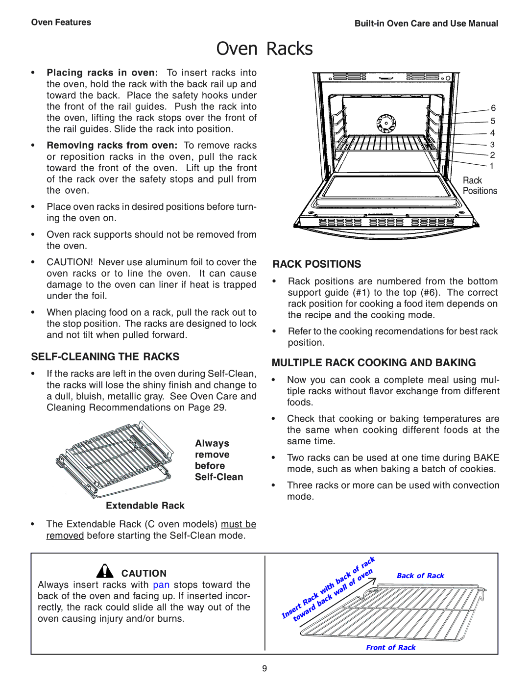 Thermador SEC271 manual Oven Racks, Rack Positions, SELF-CLEANING the Racks, Multiple Rack Cooking and Baking 