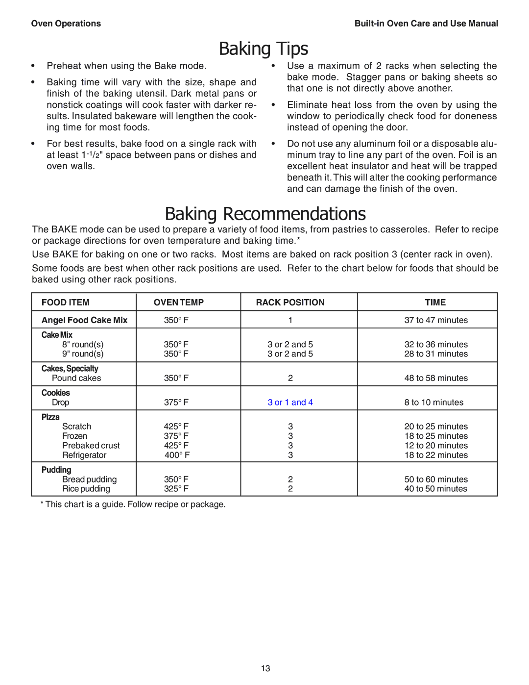 Thermador SEC271 manual Baking Tips, Baking Recommendations 