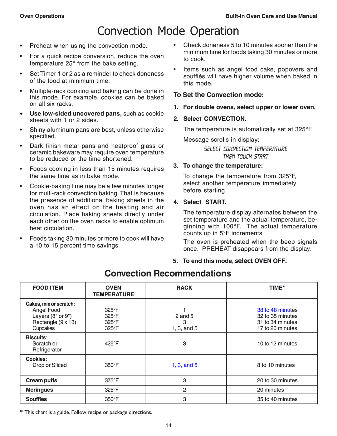 Thermador SEC271 manual Convection Mode Operation, Convection Recommendations, To Set the Convection mode 