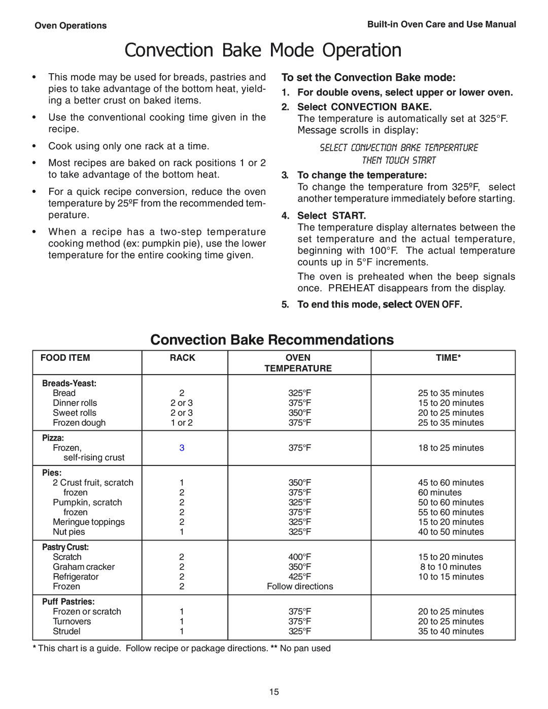 Thermador SEC271 manual Convection Bake Mode Operation, Convection Bake Recommendations, To set the Convection Bake mode 