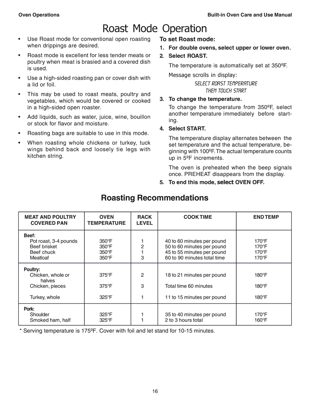 Thermador SEC271 manual Roast Mode Operation, Roasting Recommendations, To set Roast mode 