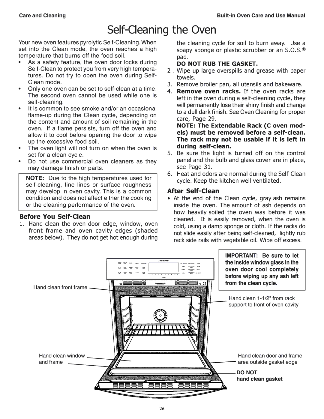 Thermador SEC271 manual Self-Cleaning the Oven, Care and Cleaning Built-in Oven Care and Use Manual, Hand clean gasket 