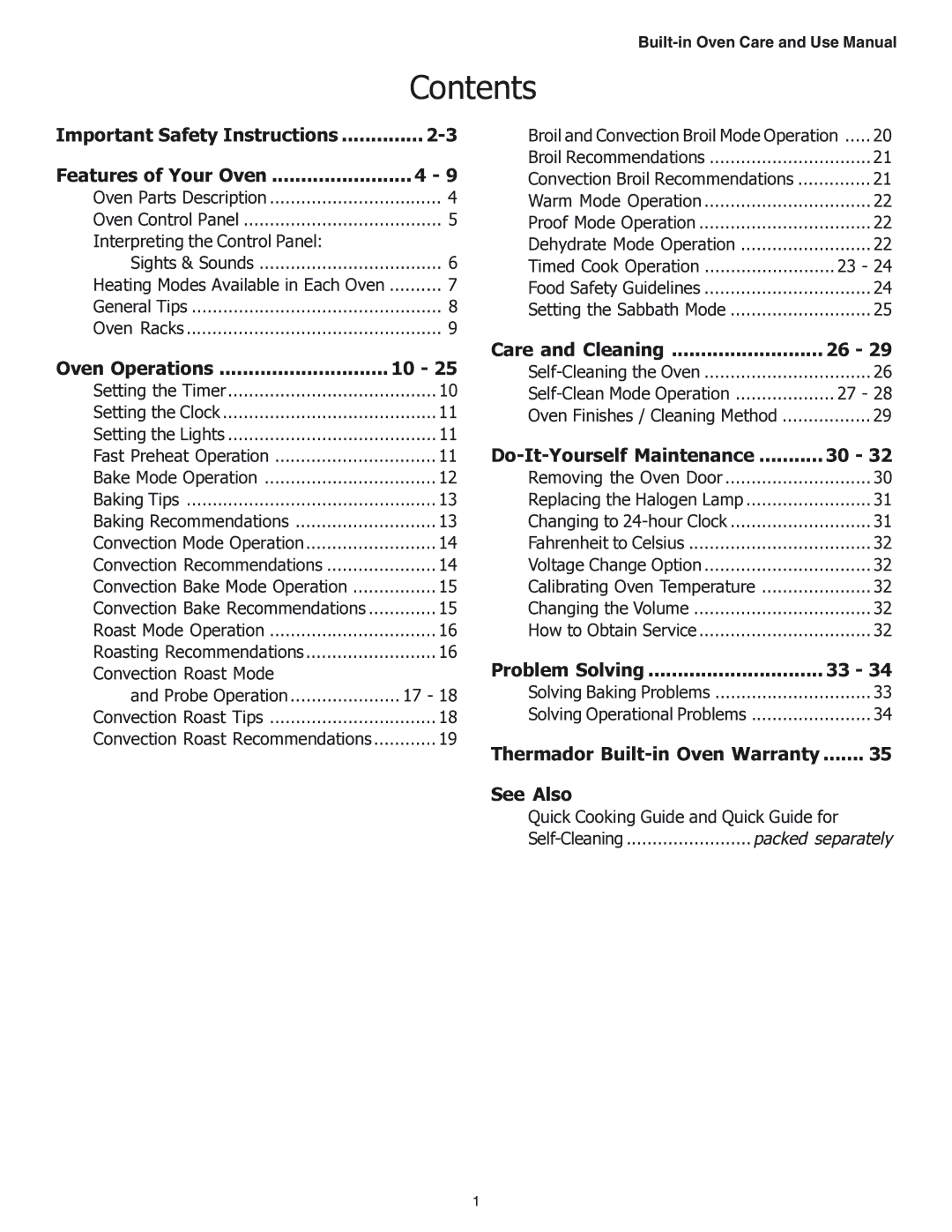 Thermador SEC271 manual Contents 