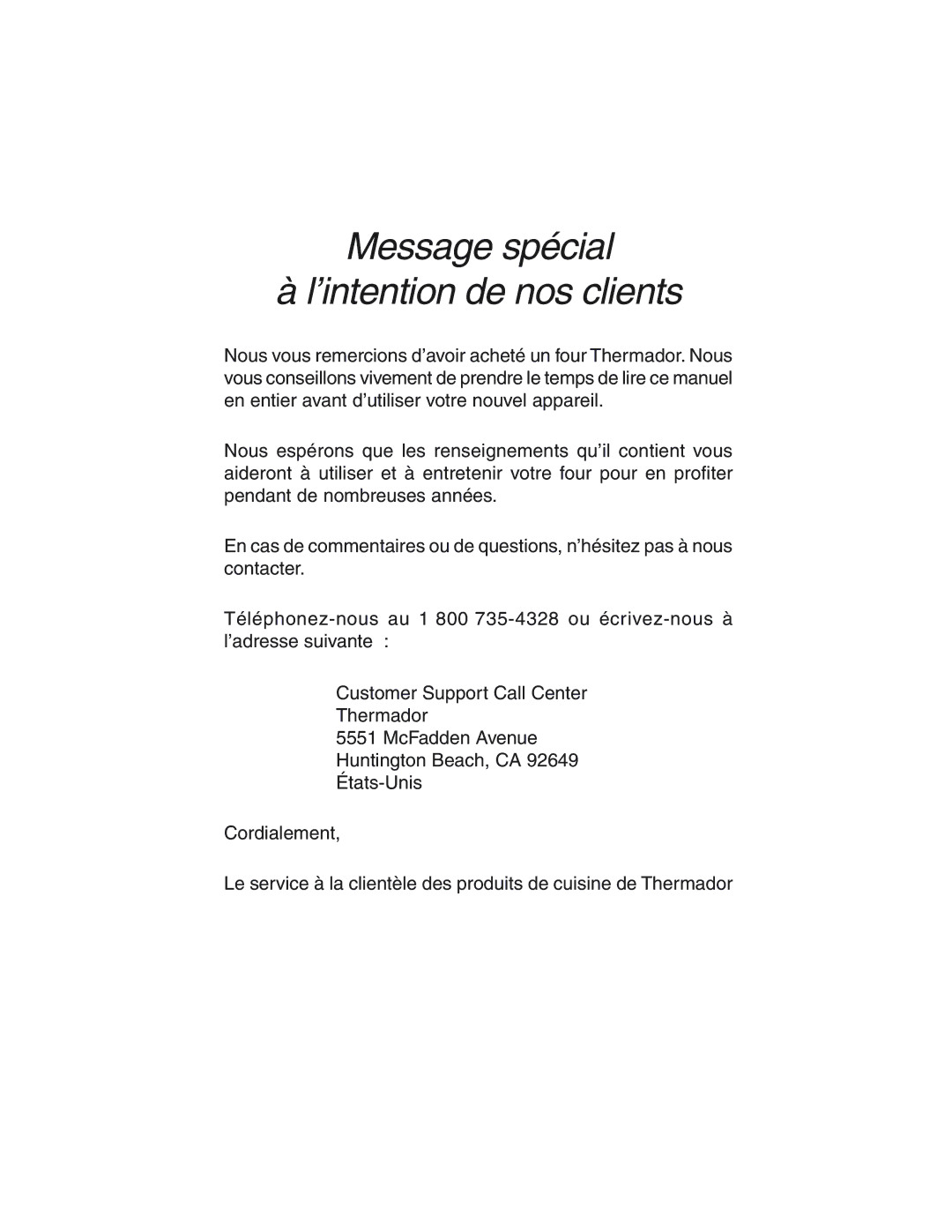 Thermador SEC271 manual Message spécial ’intention de nos clients 