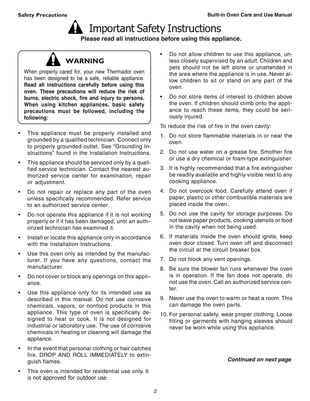 Thermador SEC271 manual Important Safety Instructions, Please read all instructions before using this appliance 