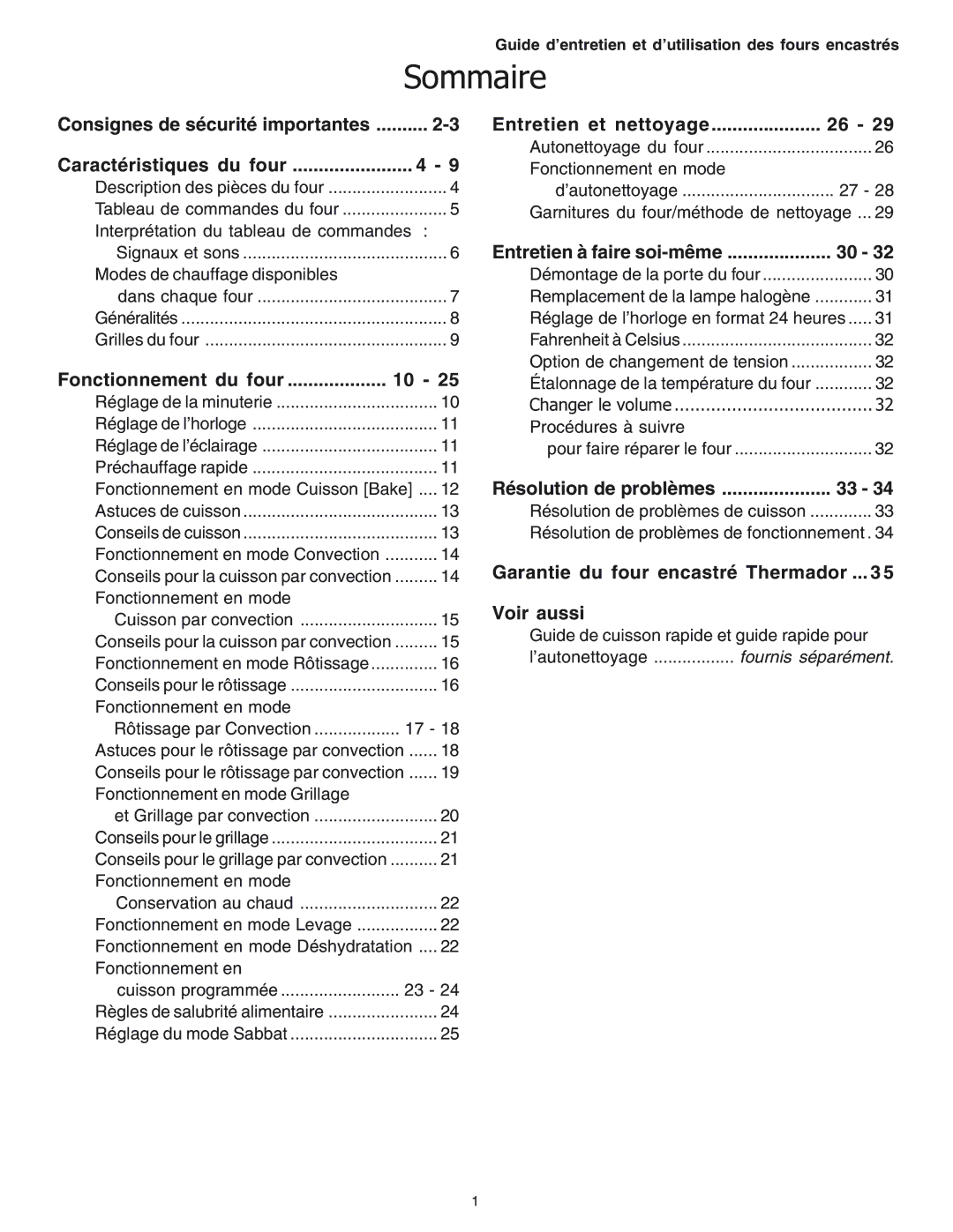 Thermador SEC271 manual Sommaire 