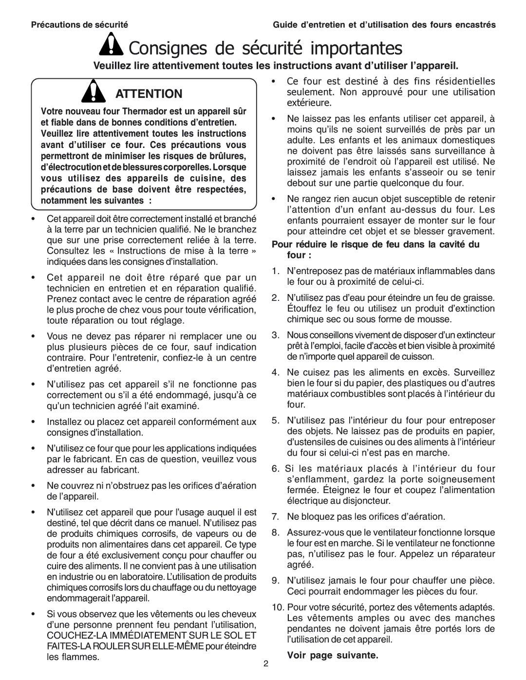 Thermador SEC271 manual Consignes de sécurité importantes, Pour réduire le risque de feu dans la cavité du four 