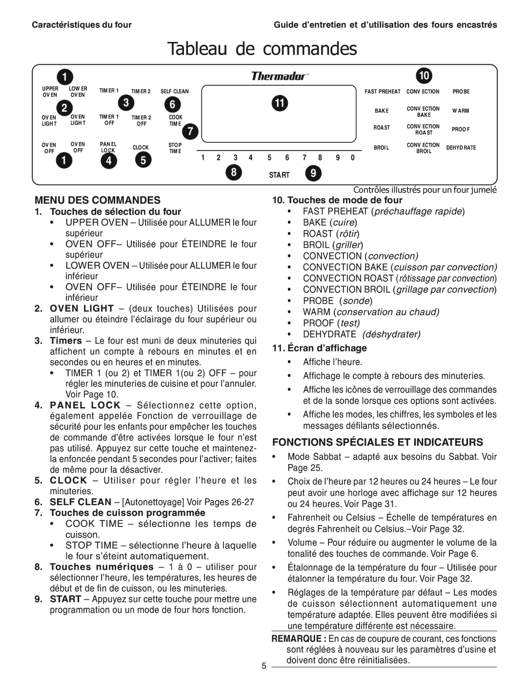 Thermador SEC271 manual Menu DES Commandes, Fonctions Spéciales ET Indicateurs 