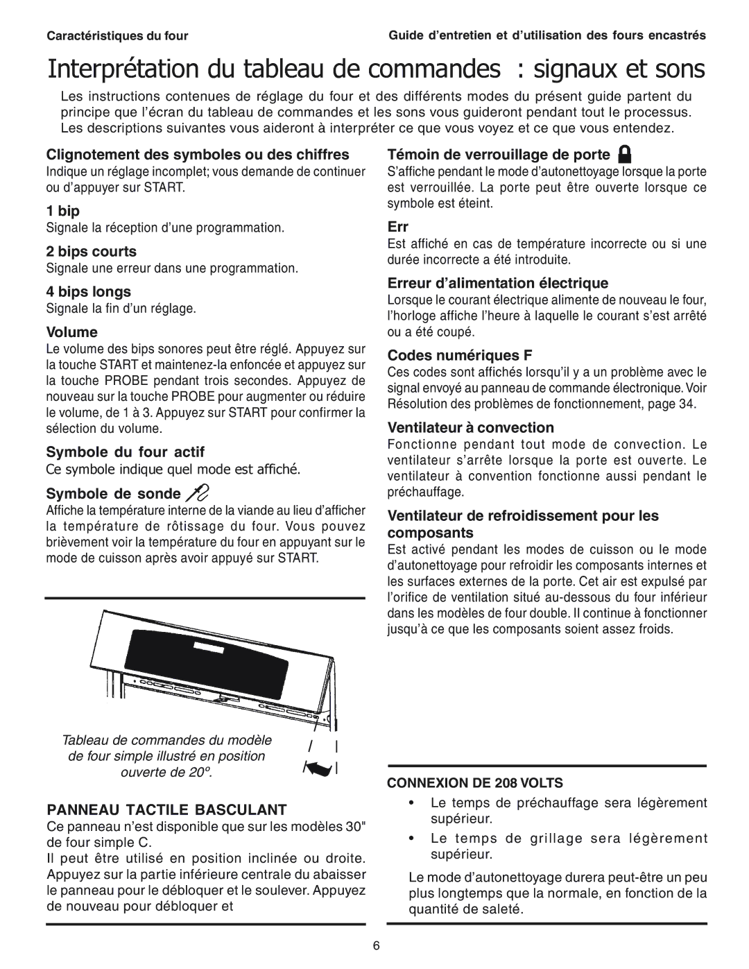 Thermador SEC271 manual Interprétation du tableau de commandes signaux et sons, Panneau Tactile Basculant 