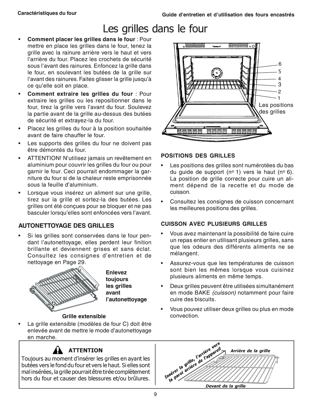 Thermador SEC271 manual Les grilles dans le four, Autonettoyage DES Grilles, Positions DES Grilles 