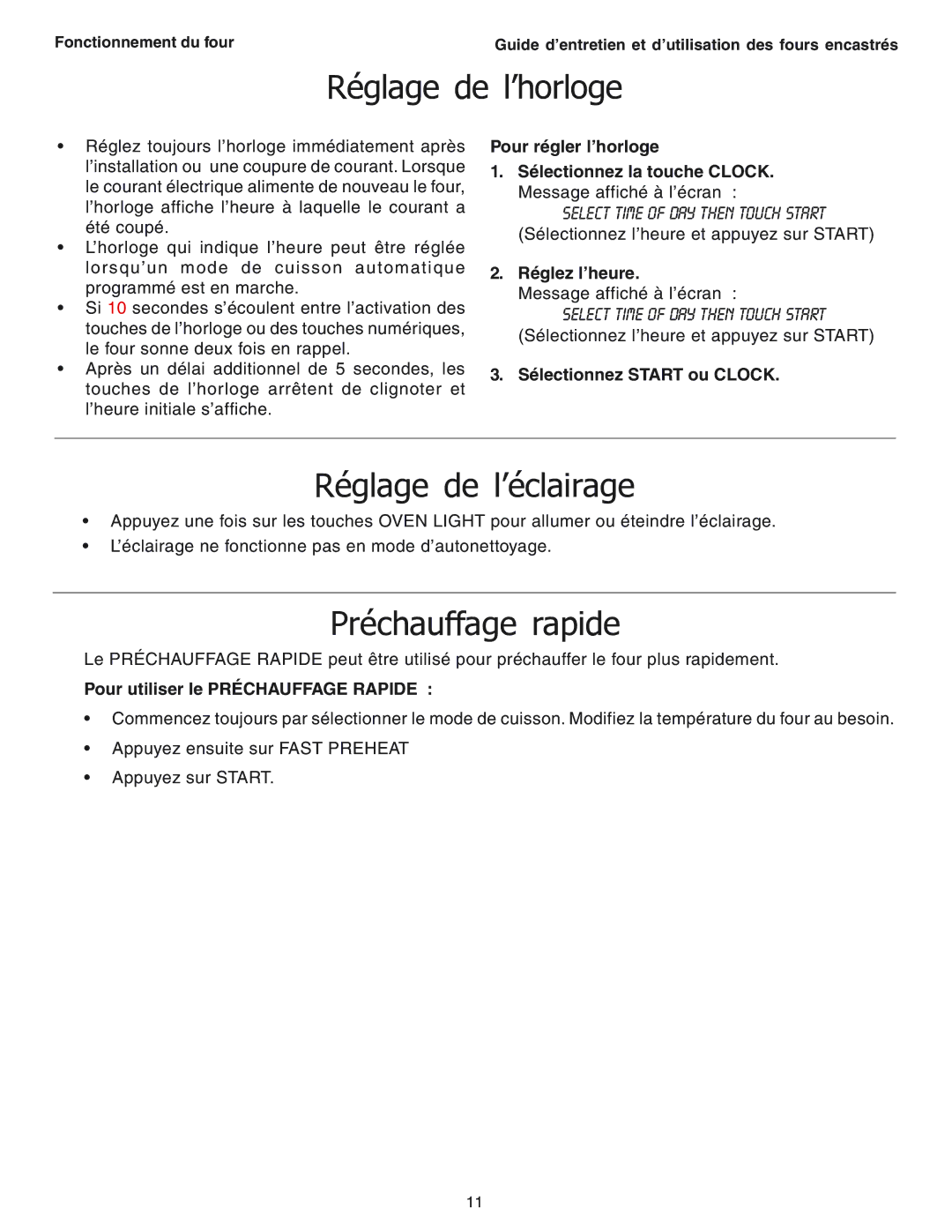 Thermador SEC271 manual Réglage de l’horloge, Réglage de l’éclairage, Préchauffage rapide 