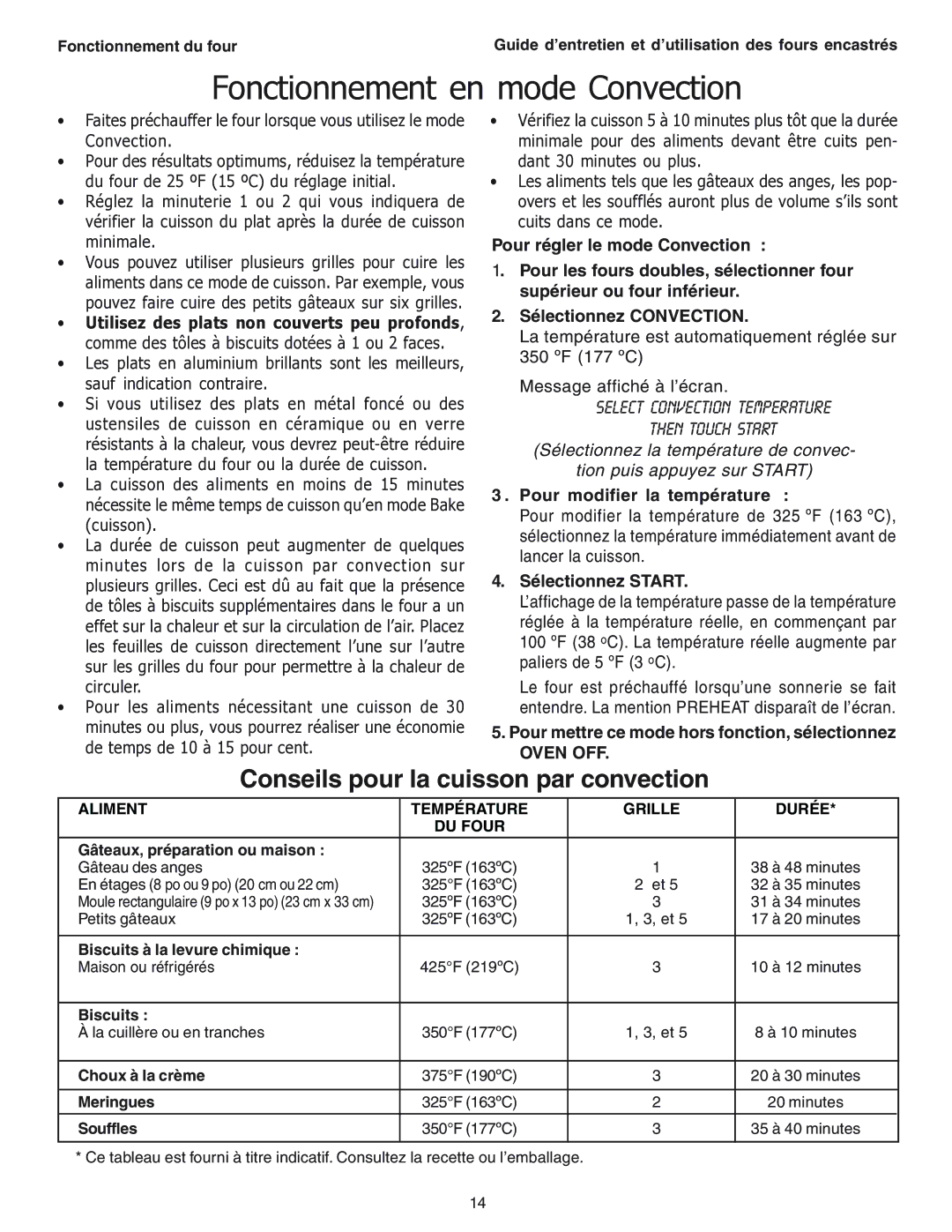 Thermador SEC271 Fonctionnement en mode Convection, Conseils pour la cuisson par convection, Select ConvectION temperature 