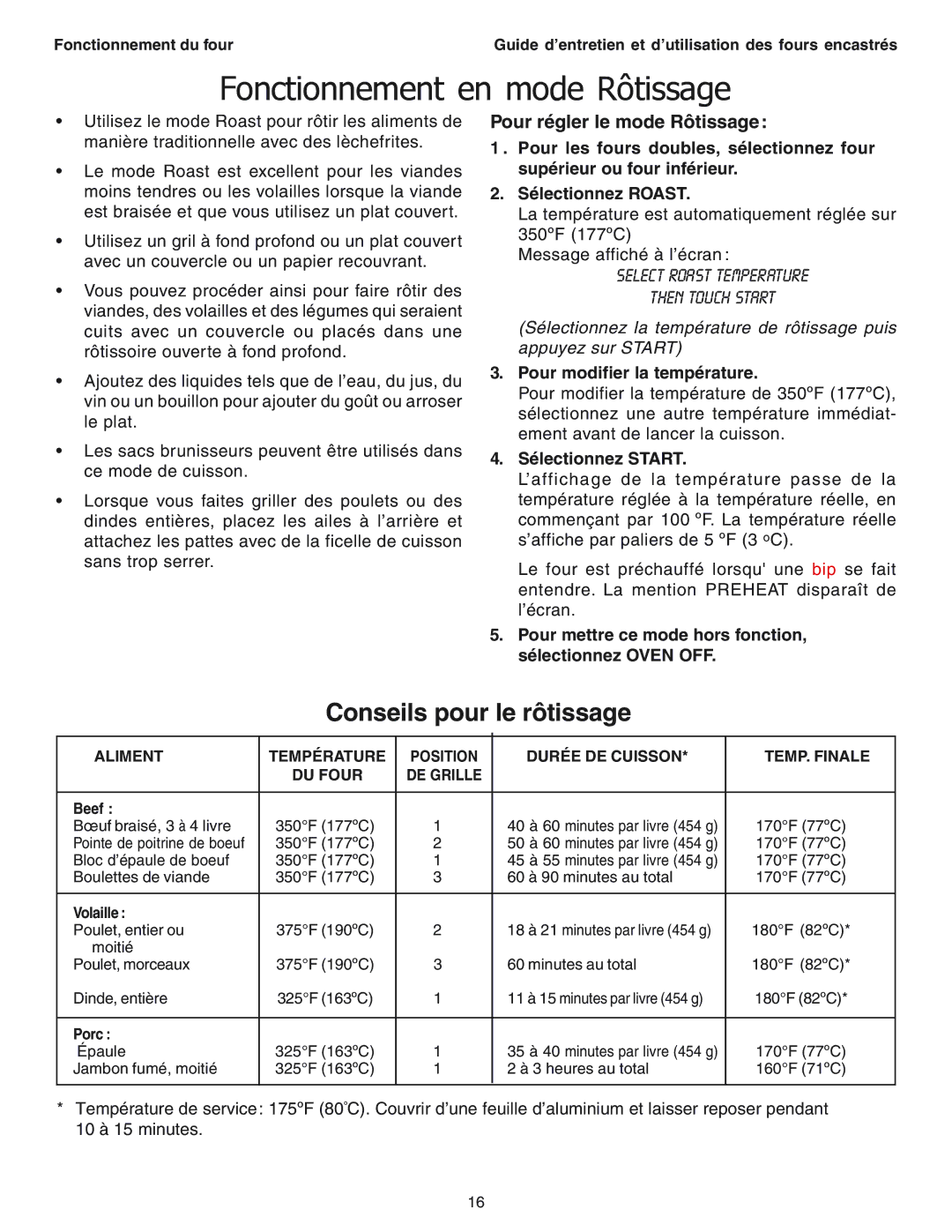 Thermador SEC271 manual Fonctionnement en mode Rôtissage, Conseils pour le rôtissage, Pour régler le mode Rôtissage 