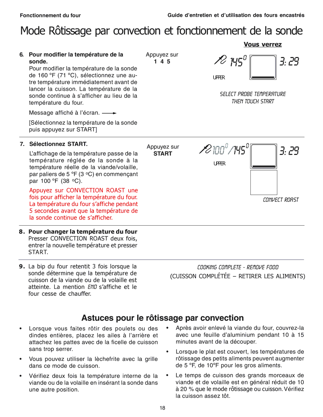 Thermador SEC271 manual Astuces pour le rôtissage par convection, Pour modifier la température de la 