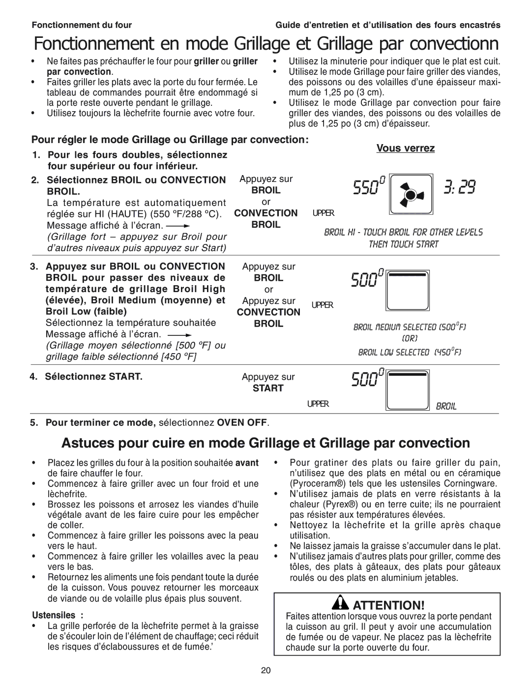 Thermador SEC271 manual Fonctionnement en mode Grillage et Grillage par convectionn 