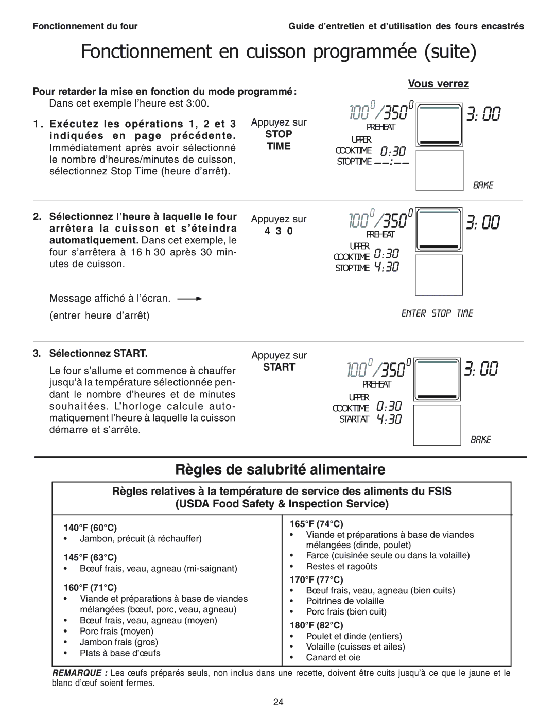 Thermador SEC271 Fonctionnement en cuisson programmée suite, Règles de salubrité alimentaire, Stop Time, Start 100o/350o 