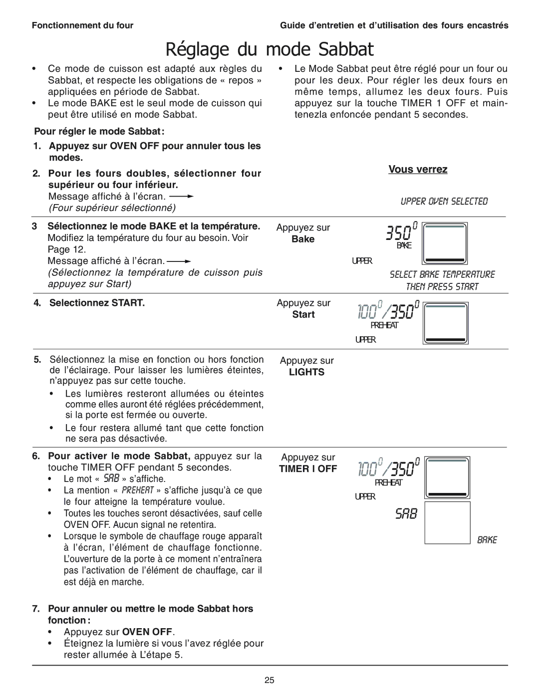 Thermador SEC271 manual Réglage du mode Sabbat, Select Bake Temperature 