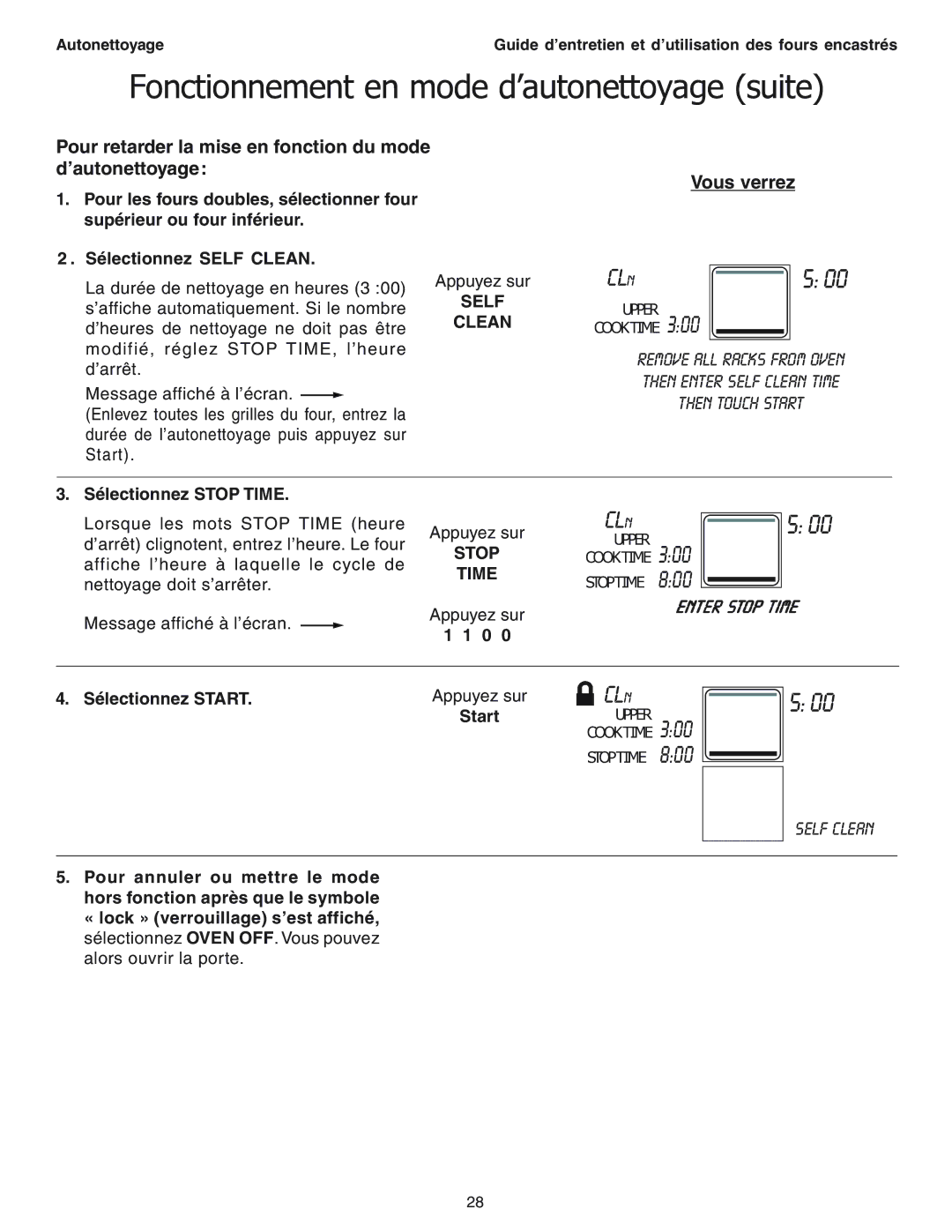 Thermador SEC271 manual Fonctionnement en mode d’autonettoyage suite, Sélectionnez Stop Time 