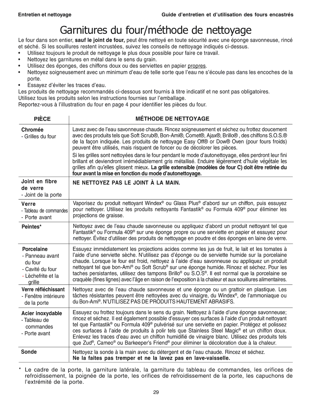 Thermador SEC271 Garnitures du four/méthode de nettoyage, Pièce Méthode DE Nettoyage, NE Nettoyez PAS LE Joint À LA Main 