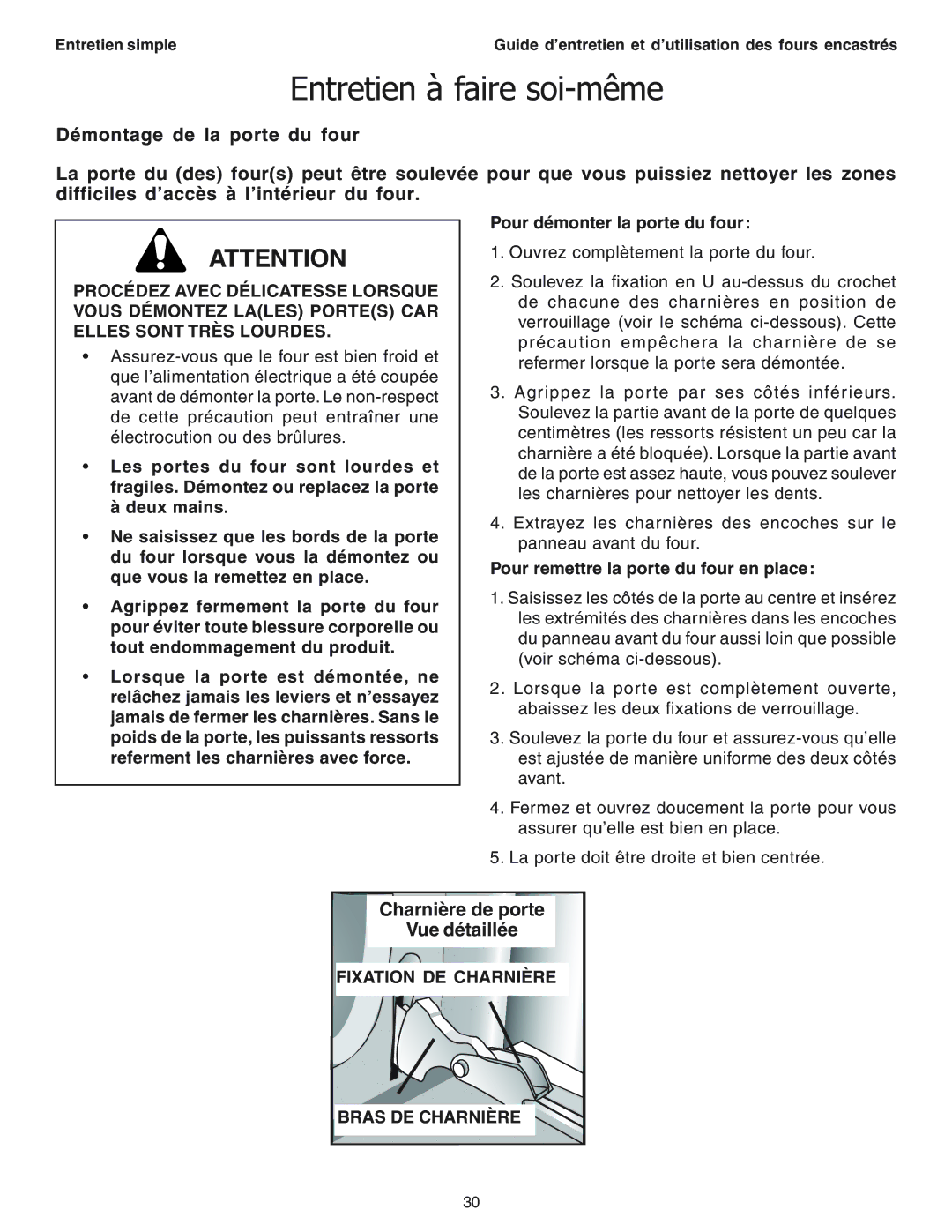 Thermador SEC271 manual Entretien à faire soi-même, Charnière de porte, Fixation DE Charnière, Bras DE Charnière 