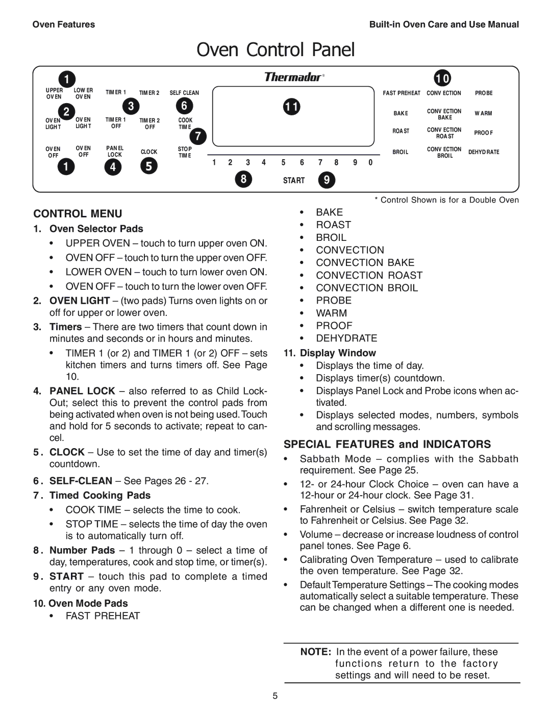 Thermador SEC271 manual Control Menu, Special Features and Indicators 